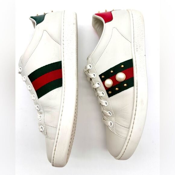 Gucci Ace Trainers Pearl Studded Web White Leather Low Top Sneakers EU 38 US 8 - Picture 7 of 13